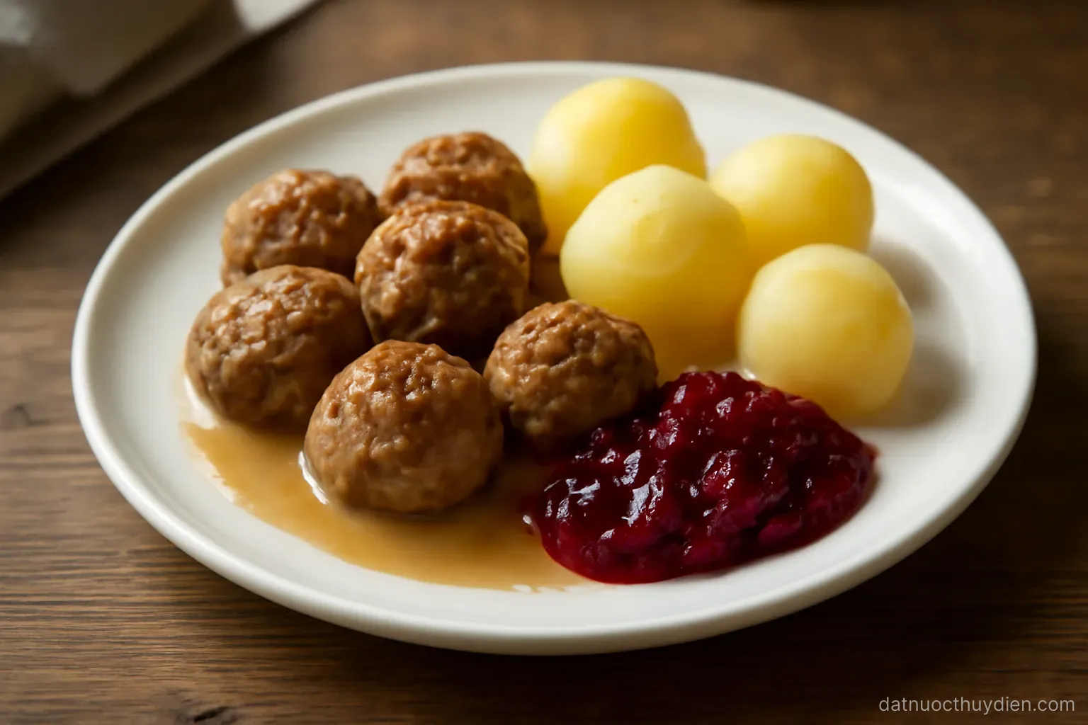 A plate of small meatballs with lingonberry jam and potatoes on a wooden table, no readable text