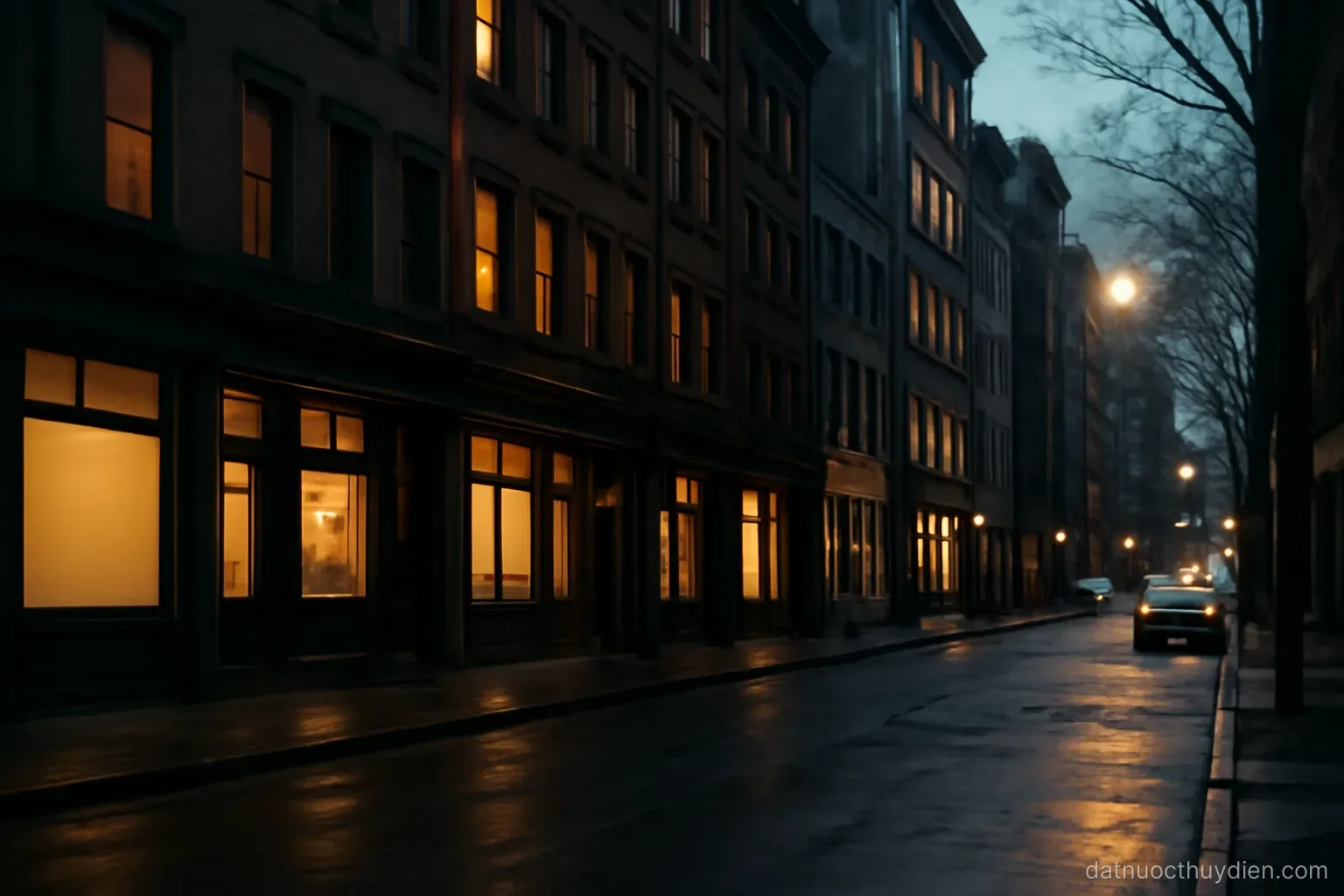 A city street at mid-afternoon already dark with warm window lights glowing, no readable text