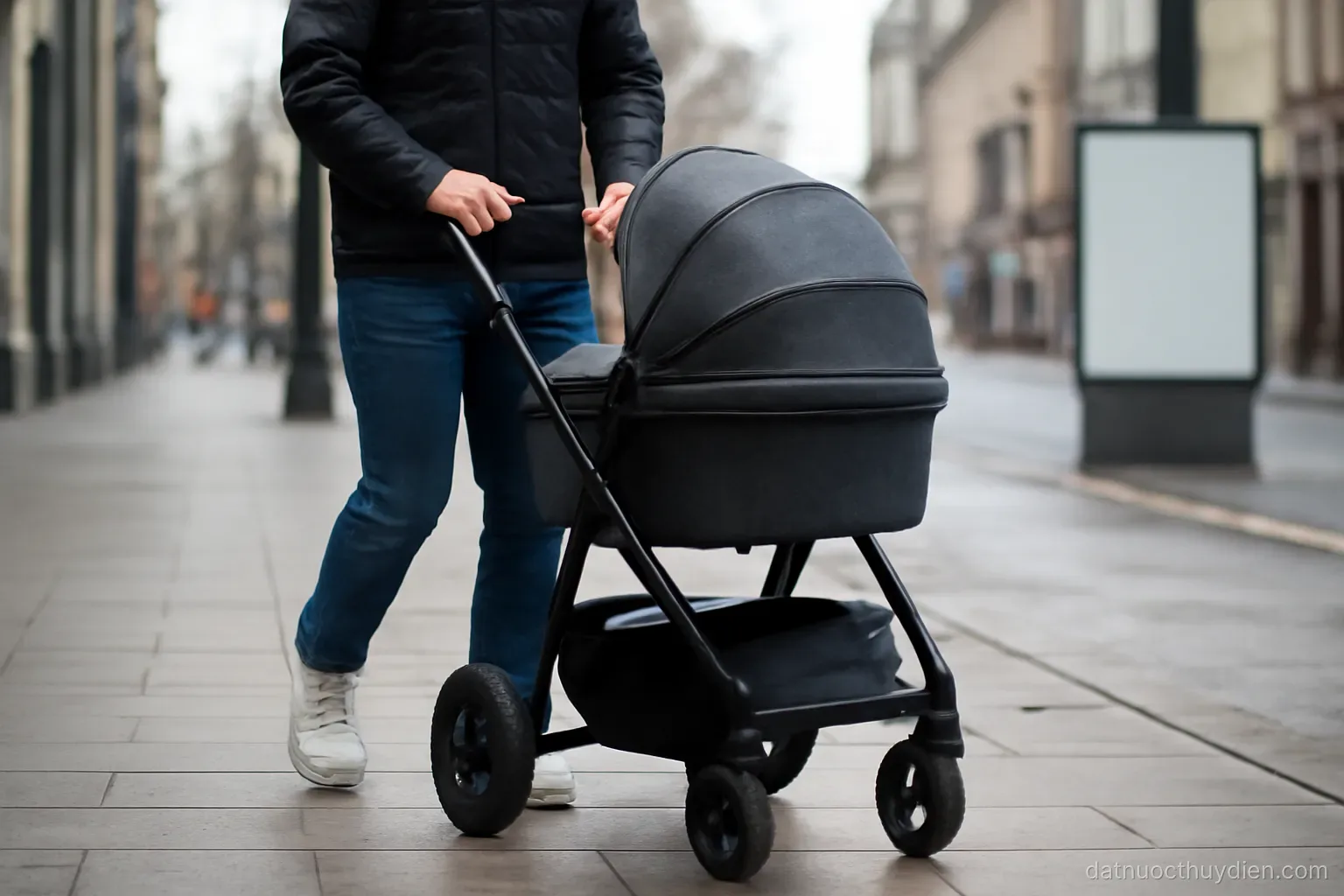 A parent pushing a pram along a city pavement on a weekday morning, no readable text