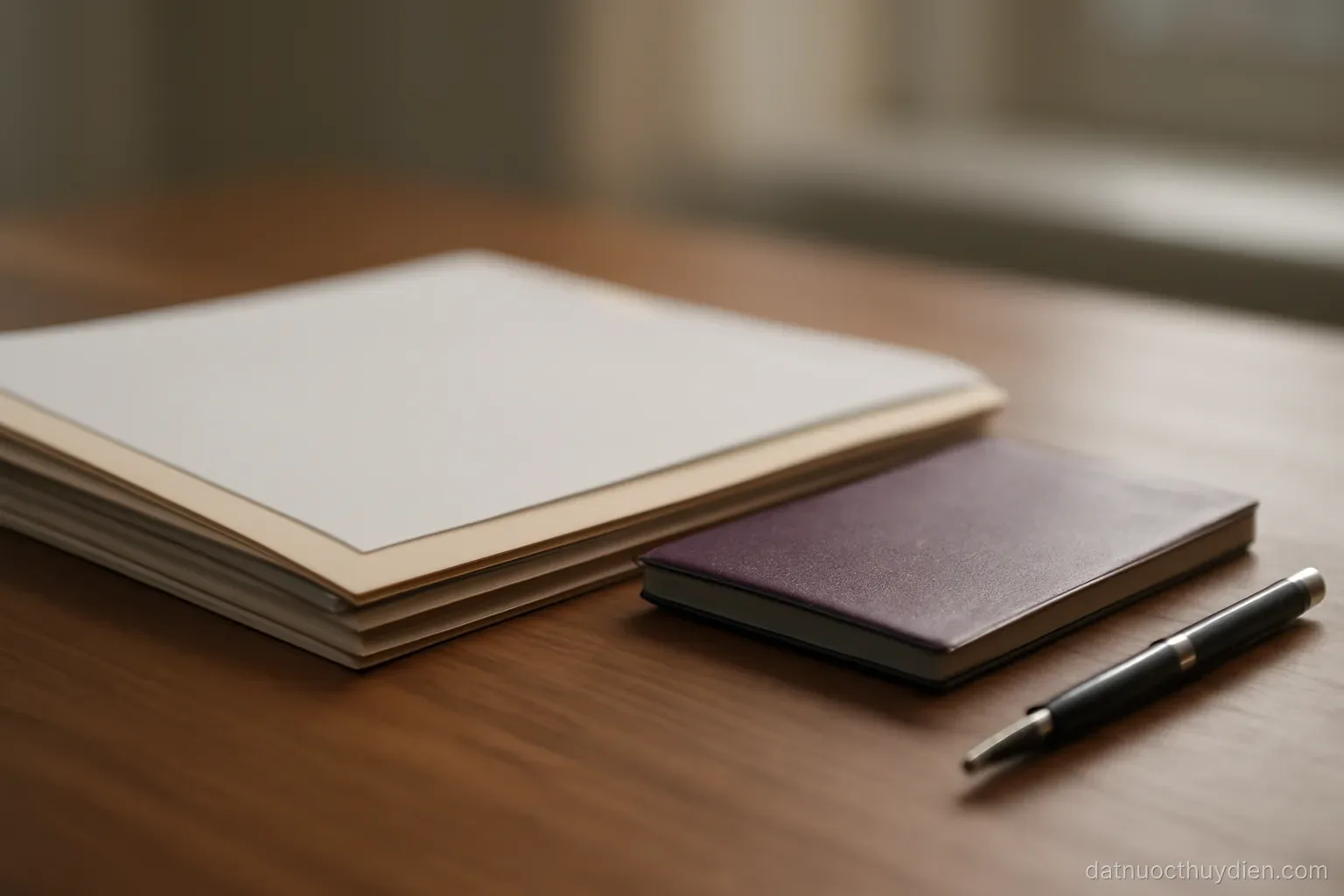 A folder of documents and a passport on a table beside a pen, no readable text