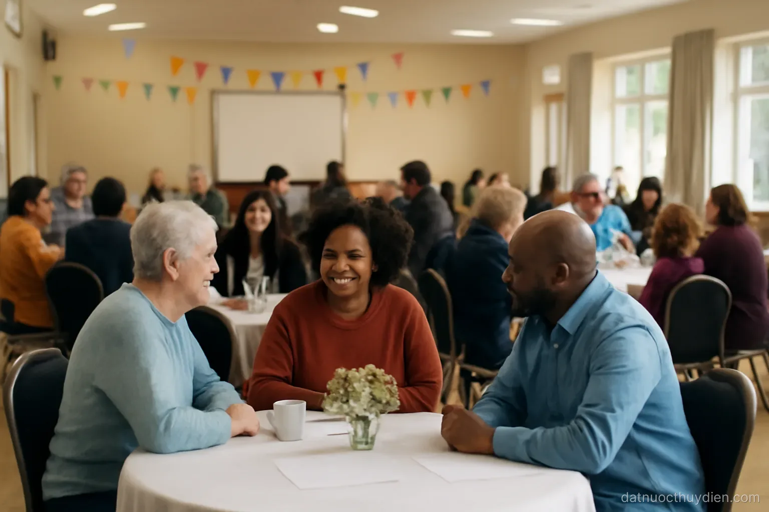 A community gathering in a rented hall with round tables and decorations, no readable text