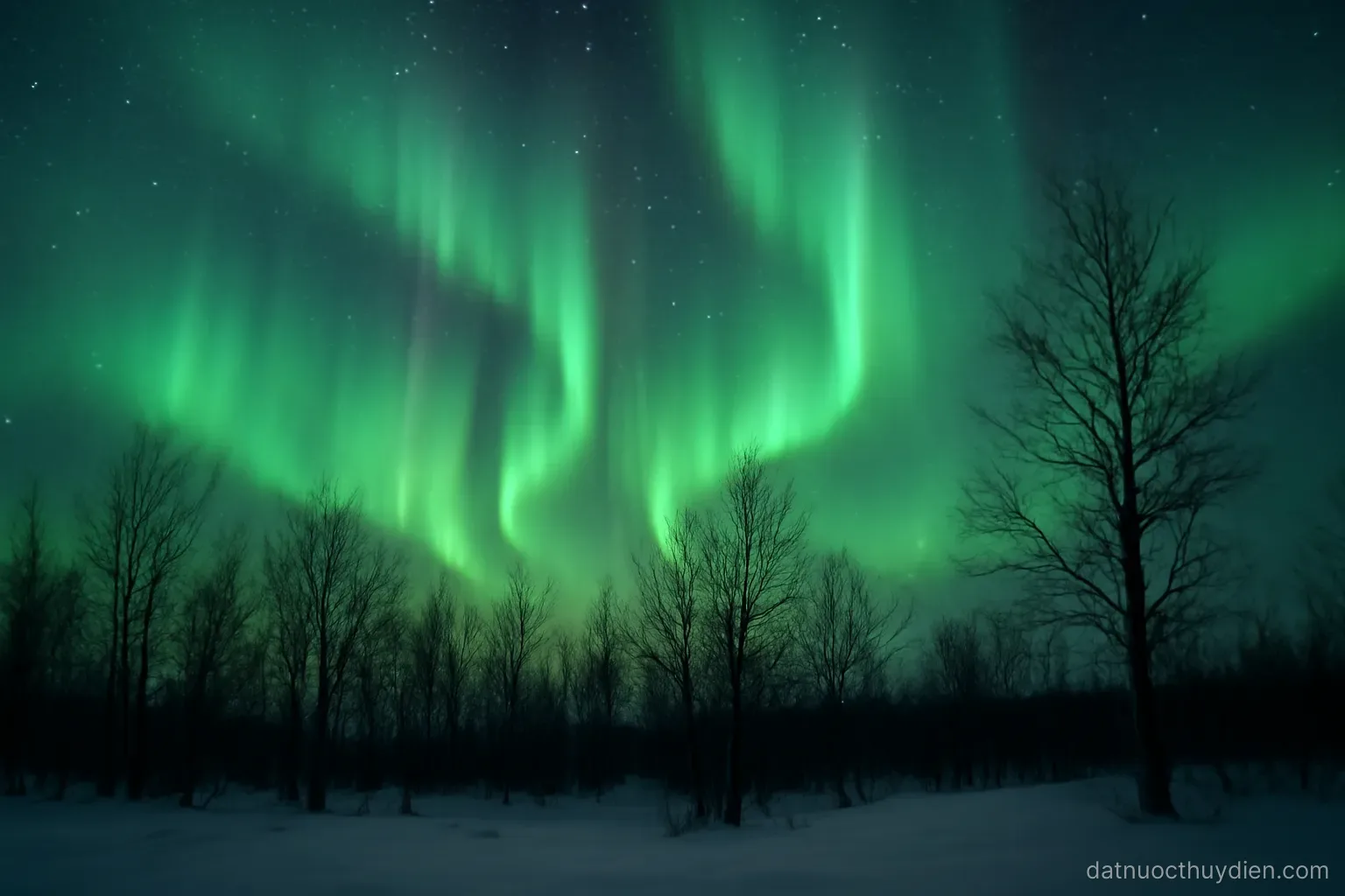 Green auroral curtains above a dark snowy landscape with bare trees, no readable text