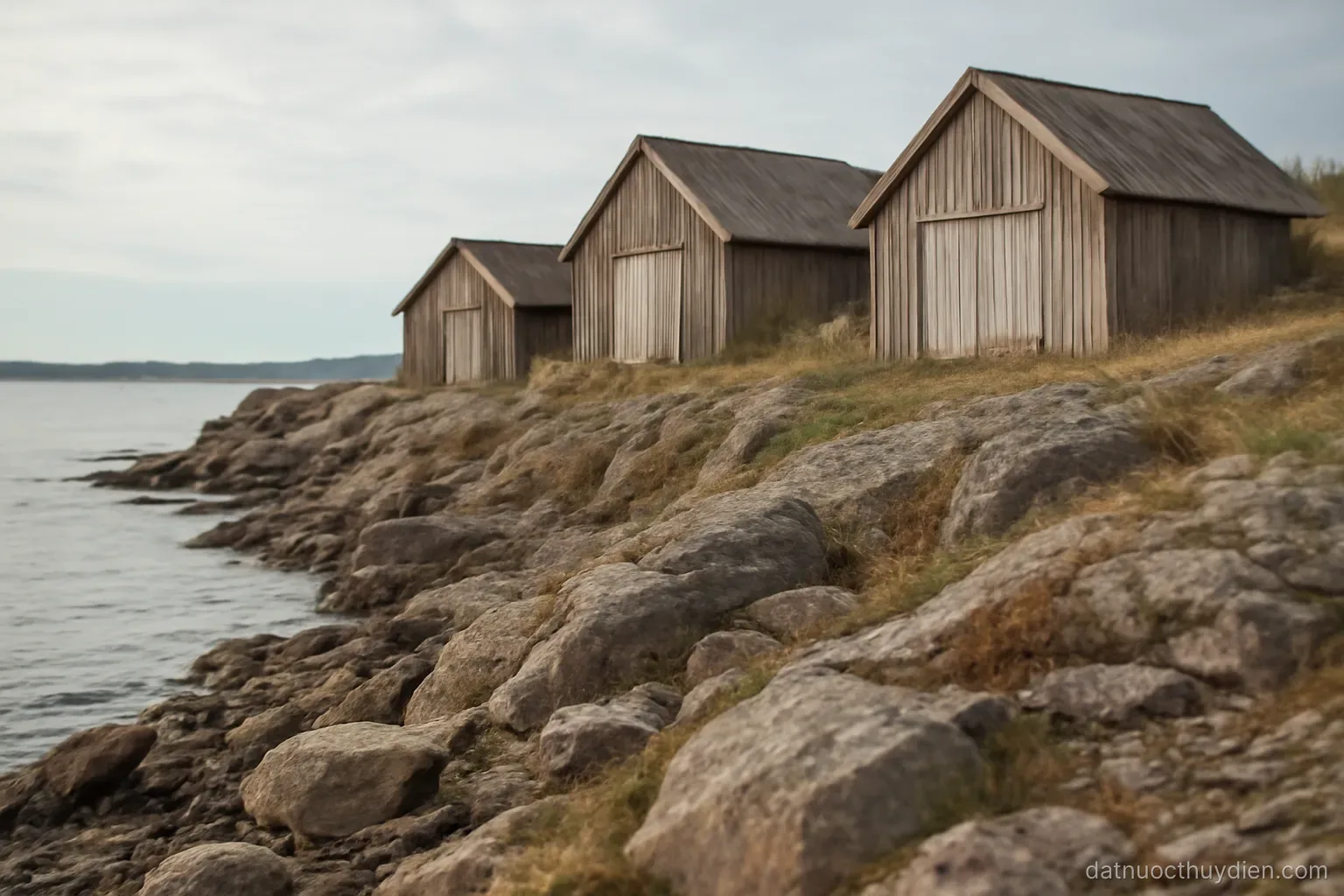 A raised rocky shoreline with old boathouses now sitting far from the waterline, no readable text