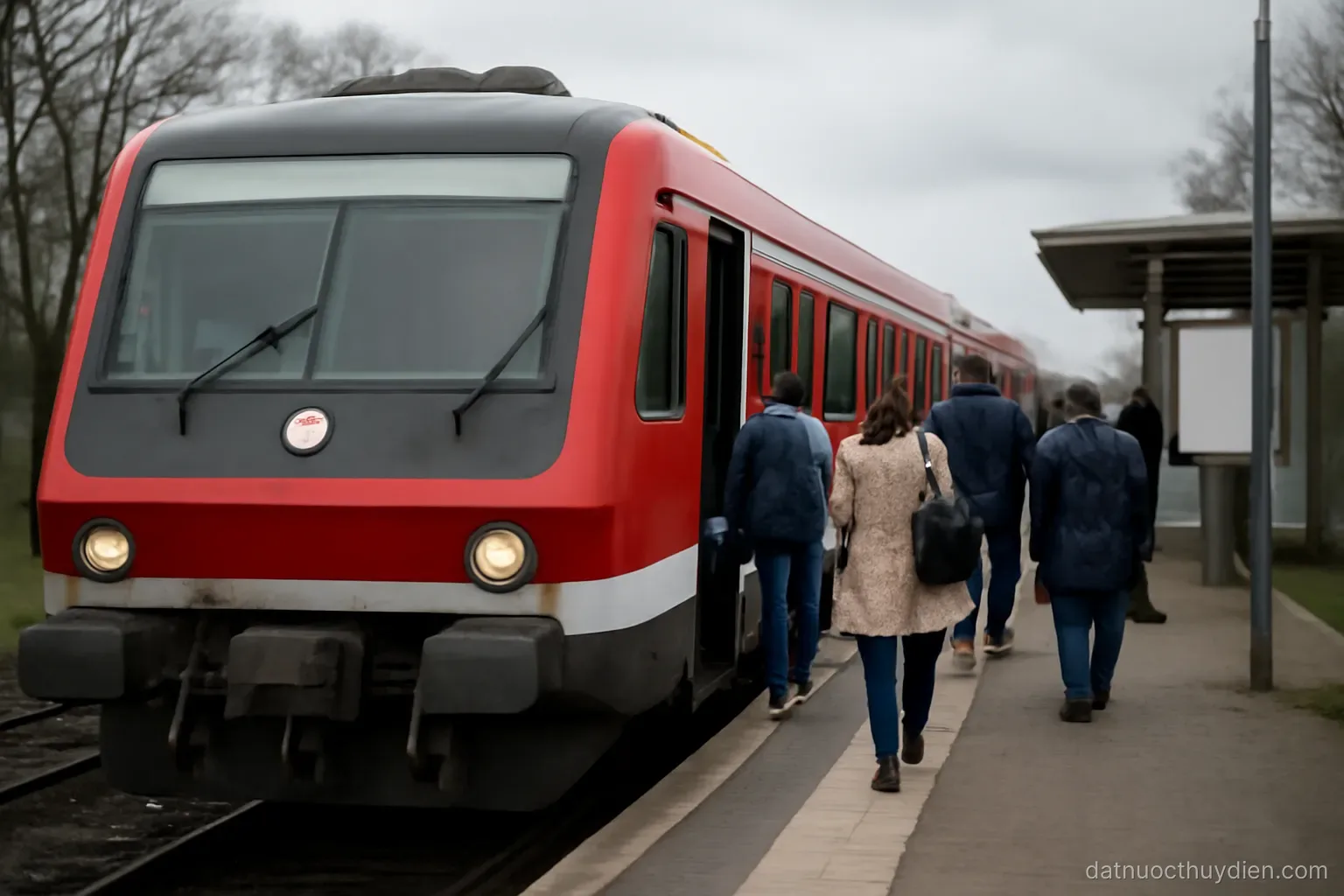 A regional train stopped at a small platform with passengers boarding, overcast day, no readable text