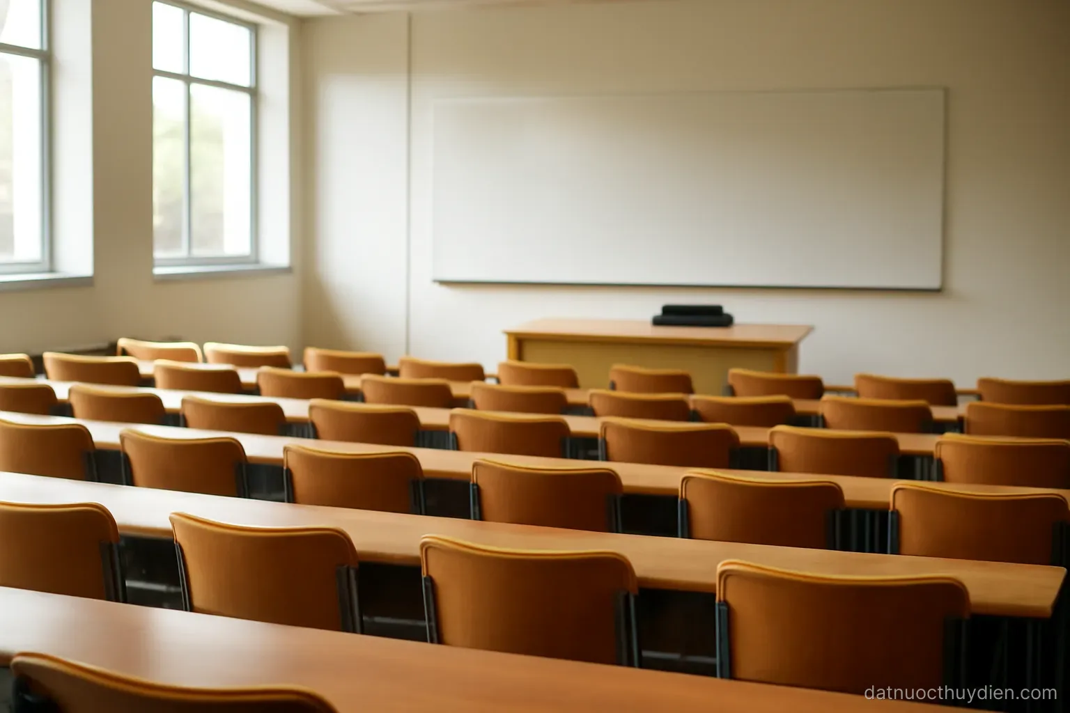 A university lecture hall with tiered seating and a whiteboard at the front, no readable text