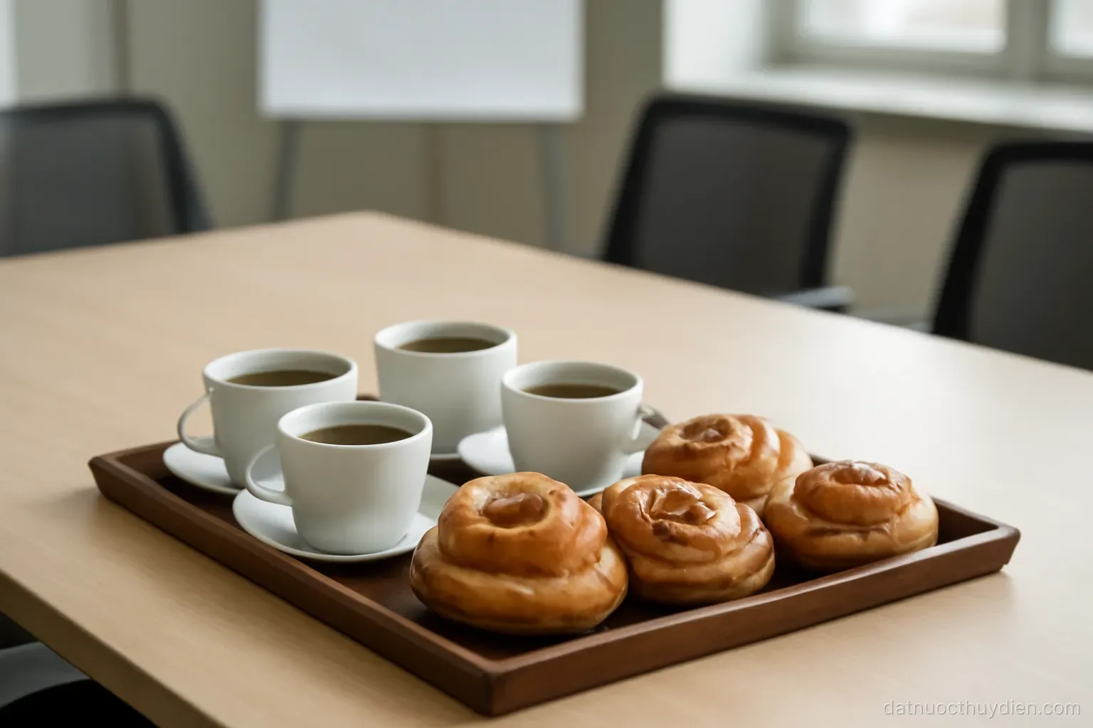 A tray of coffee cups and cinnamon buns on an office table with chairs around, no readable text