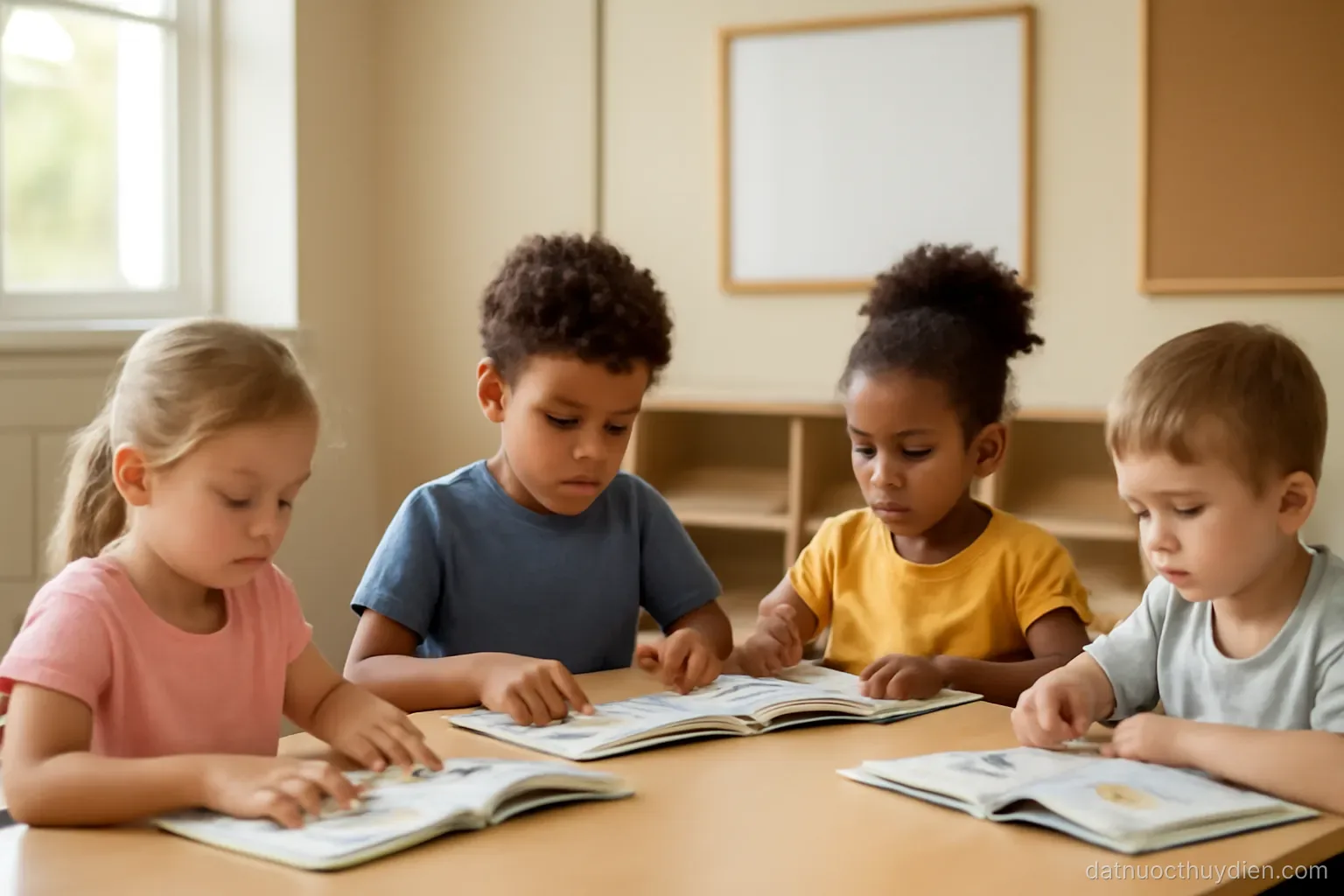 A small classroom with a few children seated at a table with picture books, no readable text