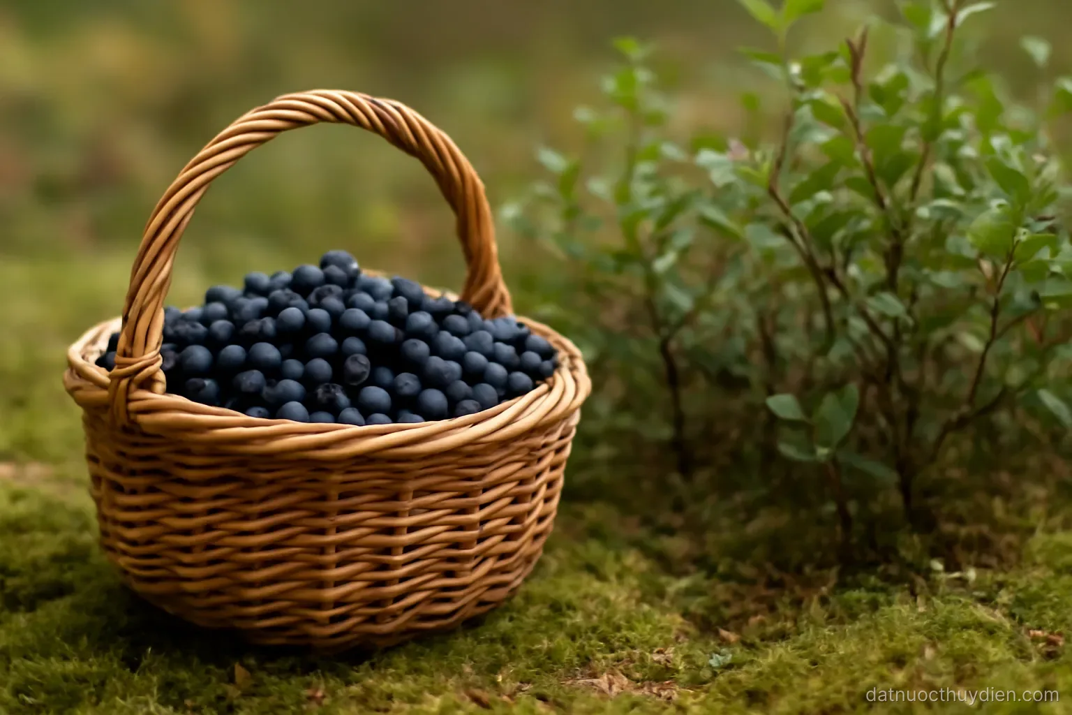A wicker basket of small dark berries resting on moss beside low shrubs, no readable text