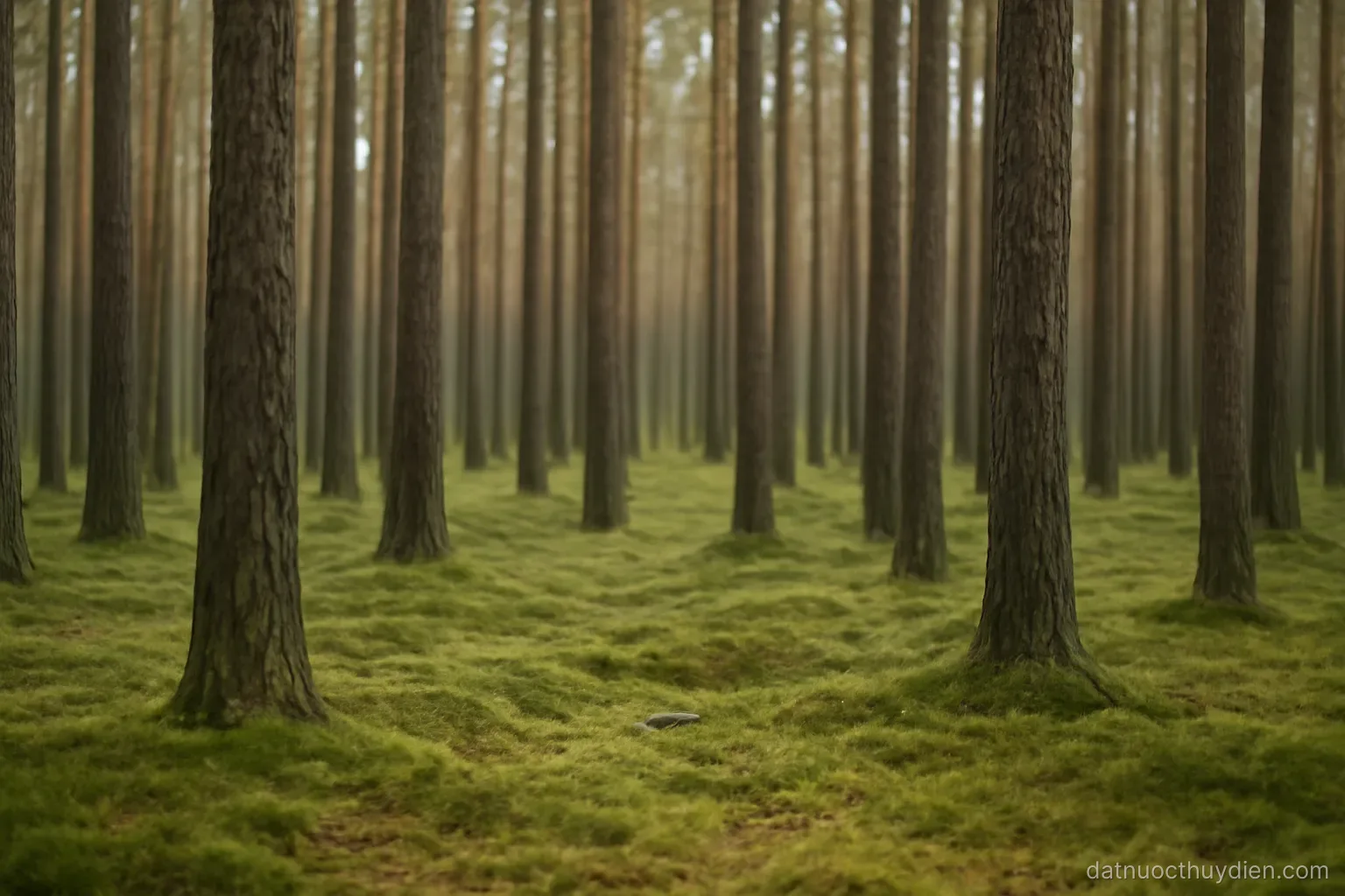 A dense stand of tall straight pine trunks with mossy ground between them, soft light, no readable text