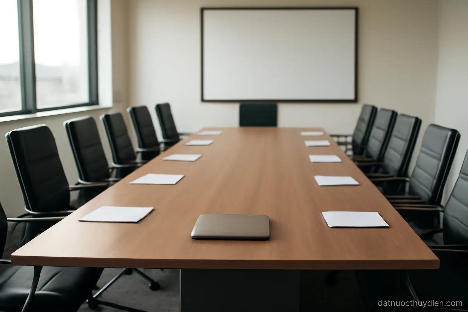 A meeting room with two rows of chairs facing each other across a long table, no readable text