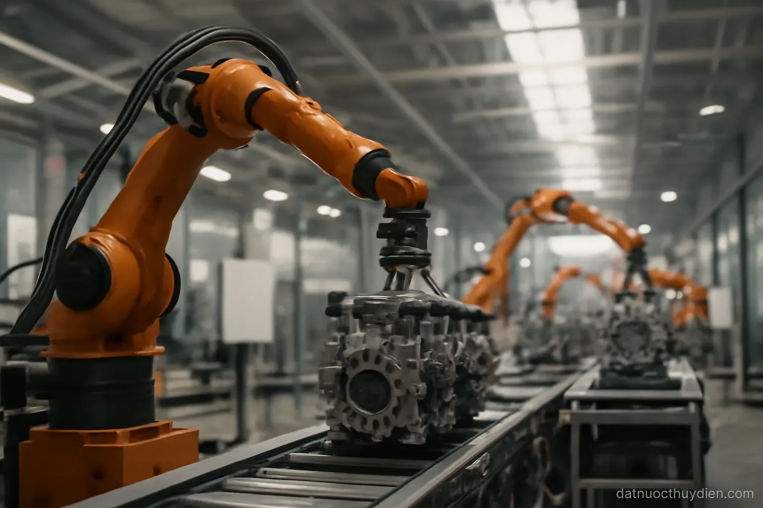 A modern factory floor with robotic arms assembling machinery, clean industrial lighting, no readable text