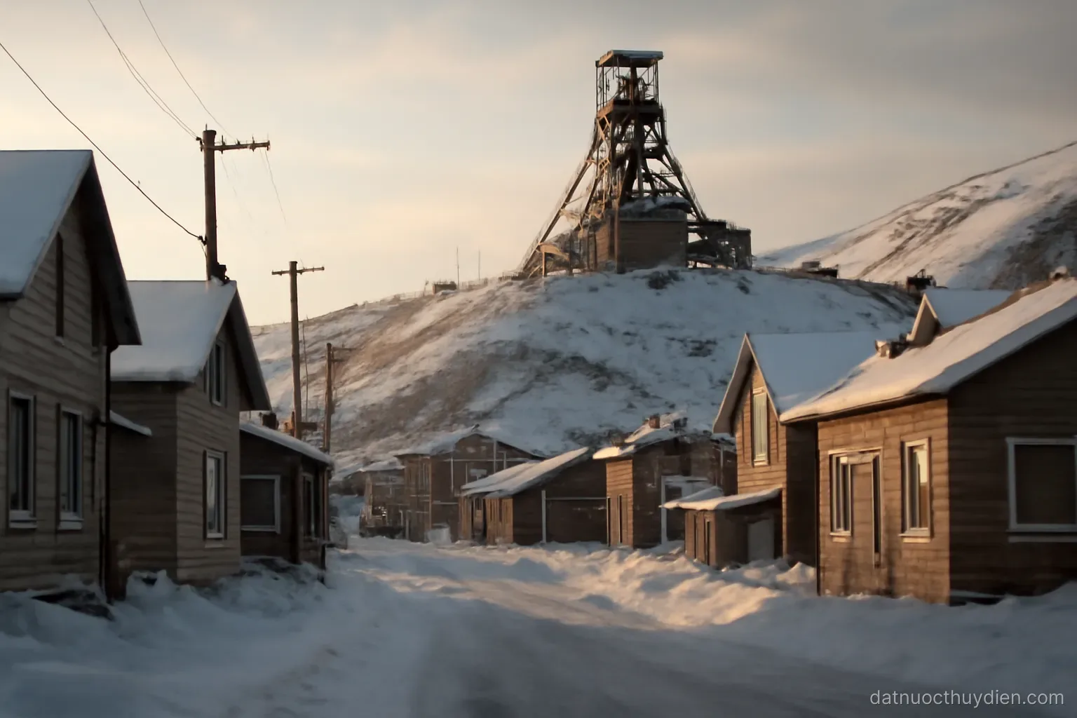 A snow-covered mining town with a large industrial headframe on a hill behind, low winter light, no readable text