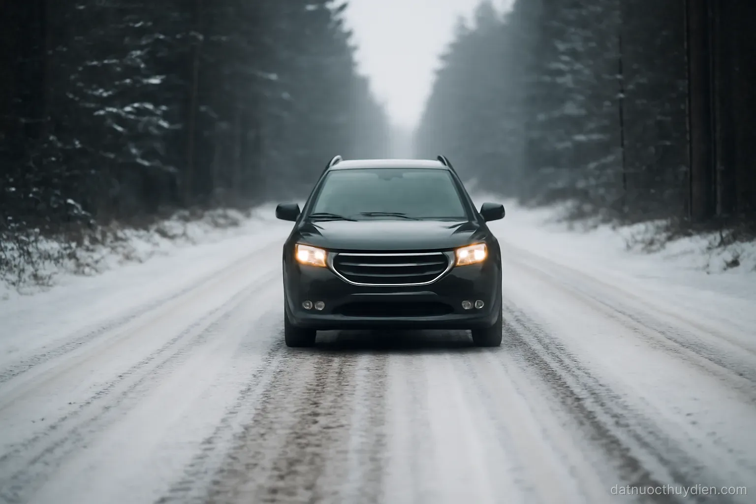 A car on a snow-covered rural road with tyre tracks and dark forest on both sides, no readable text