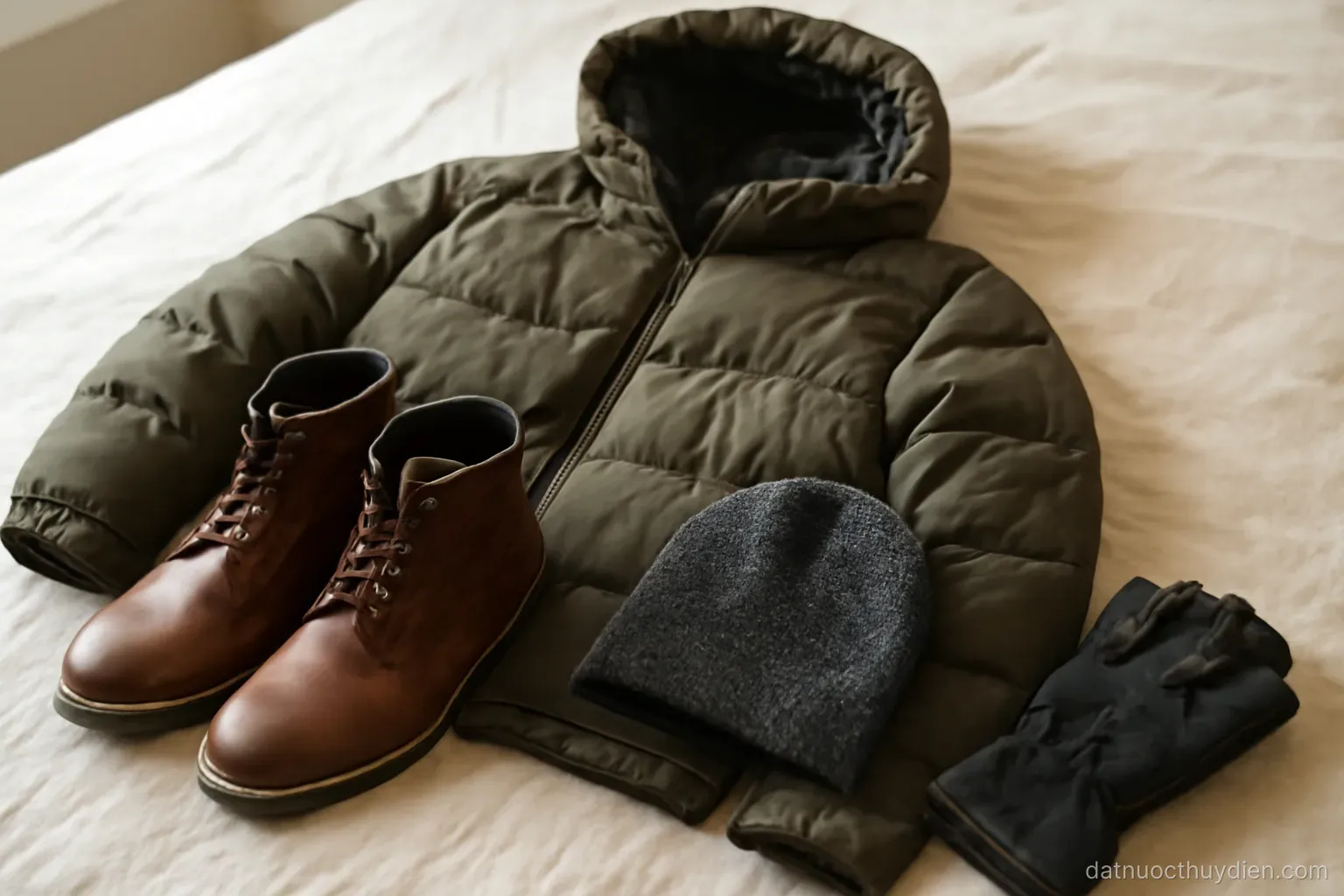 Winter clothing laid out on a bed including a thick jacket, boots and gloves, no readable text