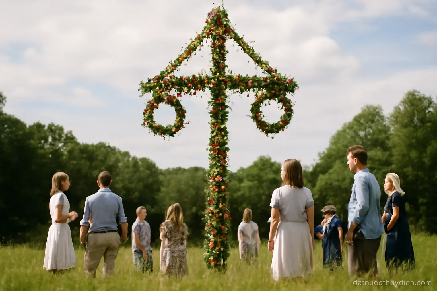 A tall flower-decorated pole standing on a green meadow with people gathered around, no readable text