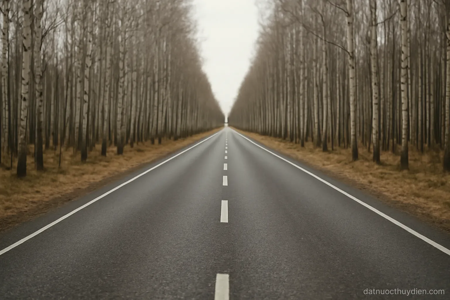 A long straight road running through flat birch forest toward a pale horizon, no readable text