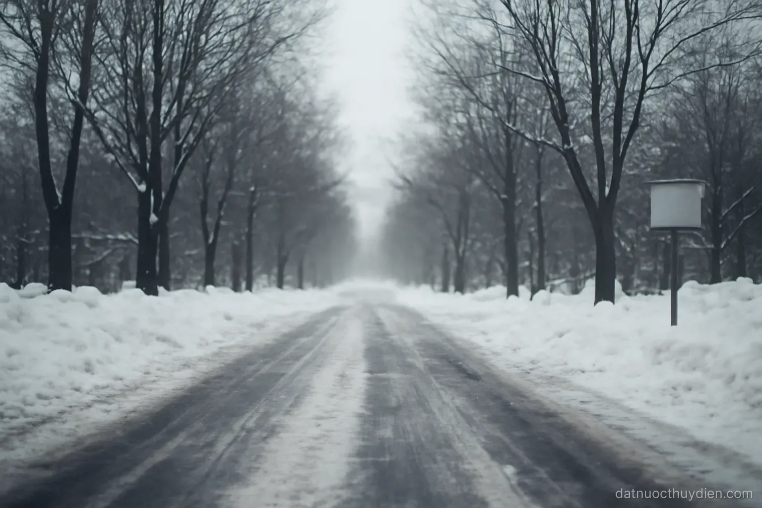 A frozen street with snow banks and bare trees under pale grey daylight, no readable text