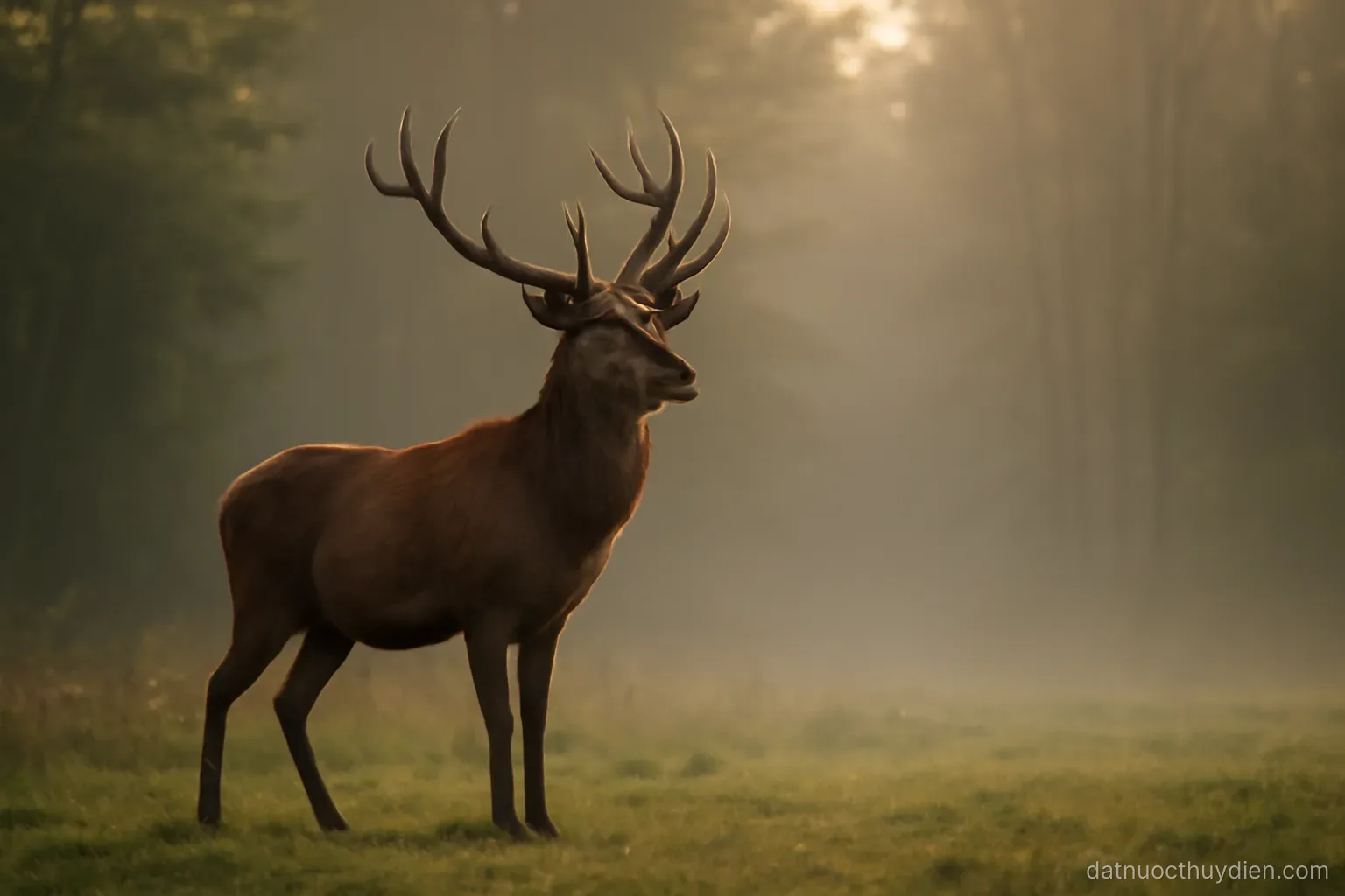 A large antlered animal standing at the edge of a misty forest clearing at dawn, no readable text