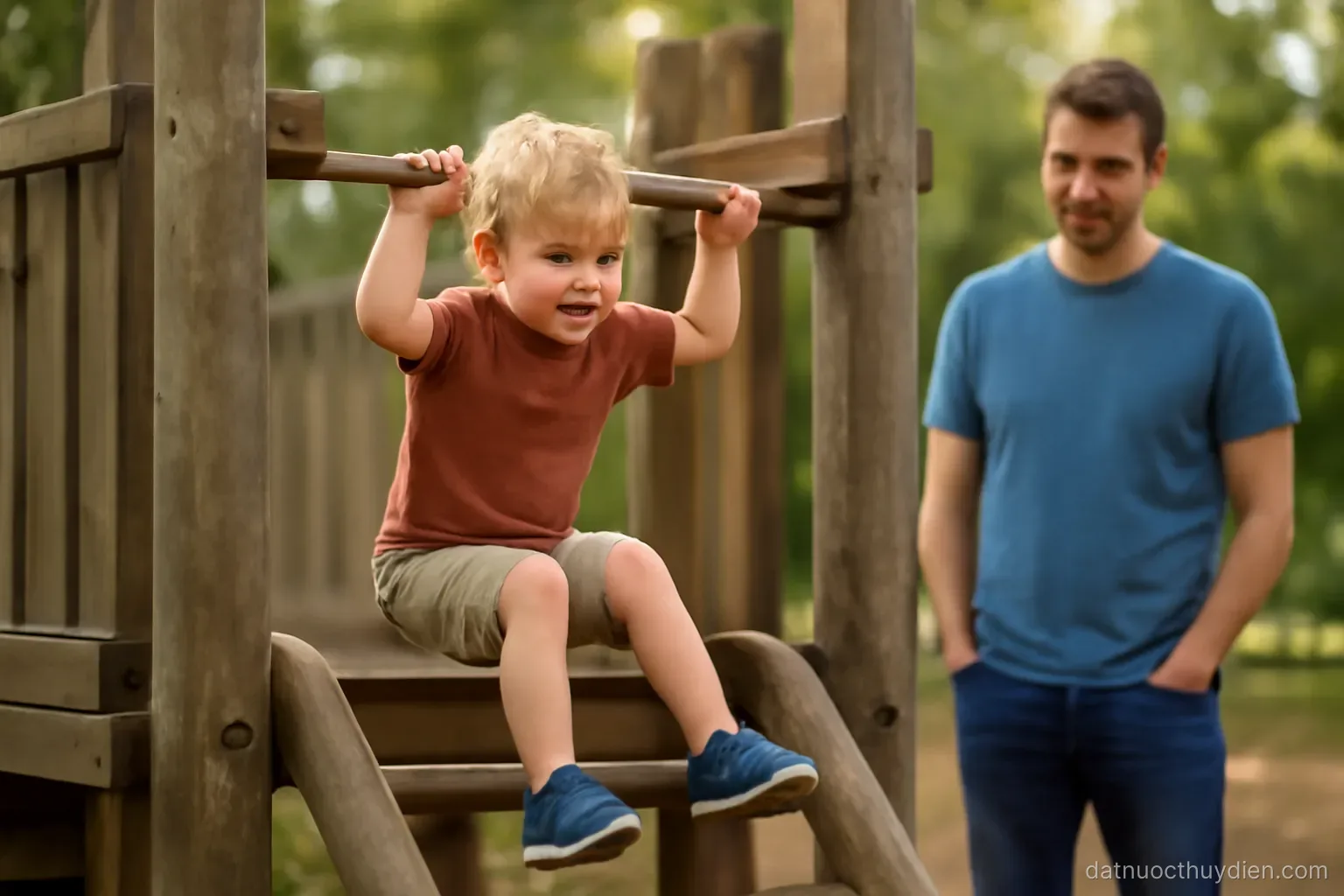 A child playing on a wooden playground structure with an adult watching nearby, no readable text