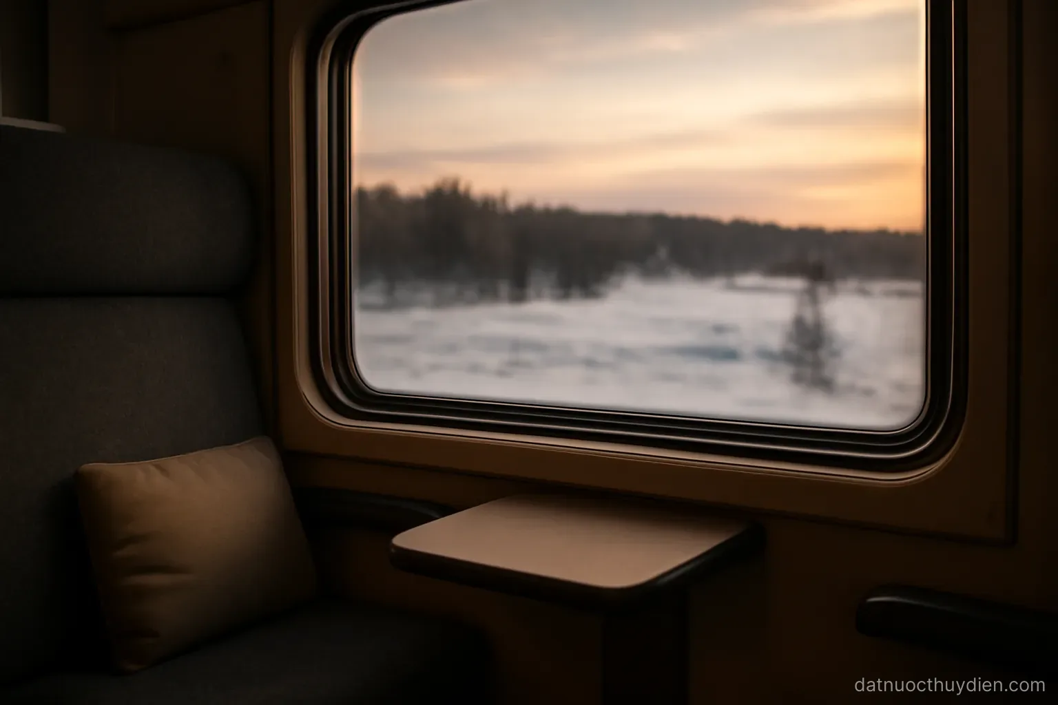 A window seat looking out over a snowy landscape from a train at dusk, no readable text