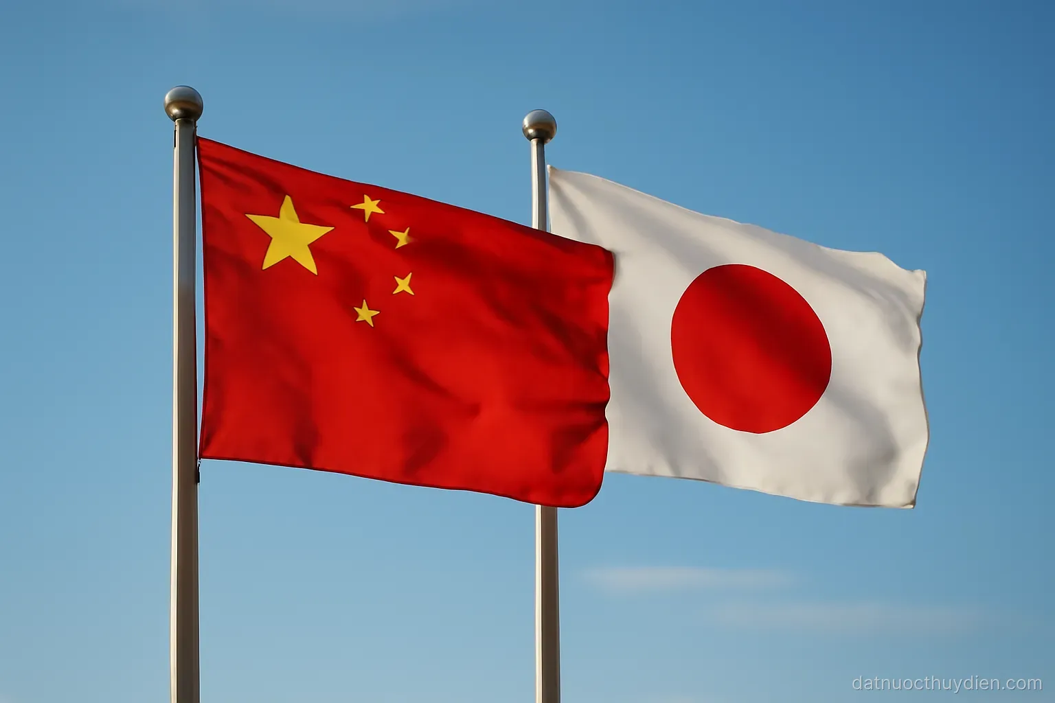 Two national flags side by side on poles against a clear sky, no readable text