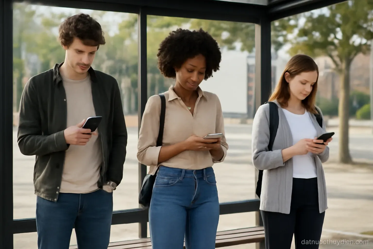 People standing well apart at a bus stop each looking at their phone, no readable text