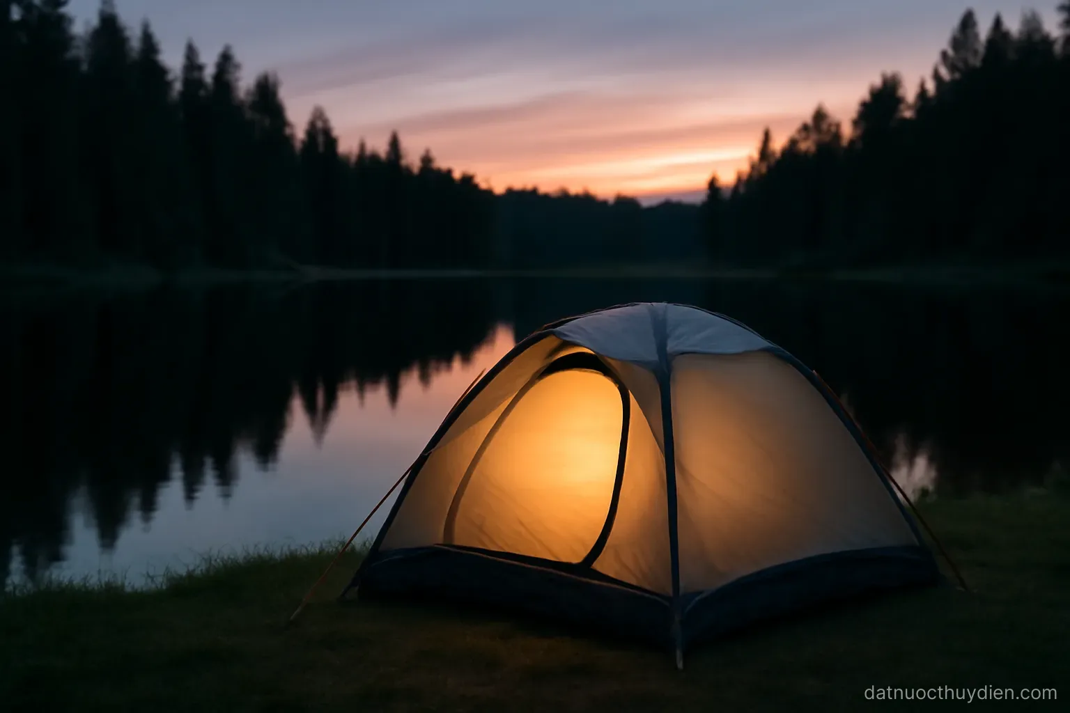 A small tent pitched beside a still lake at dusk with forest behind, no readable text