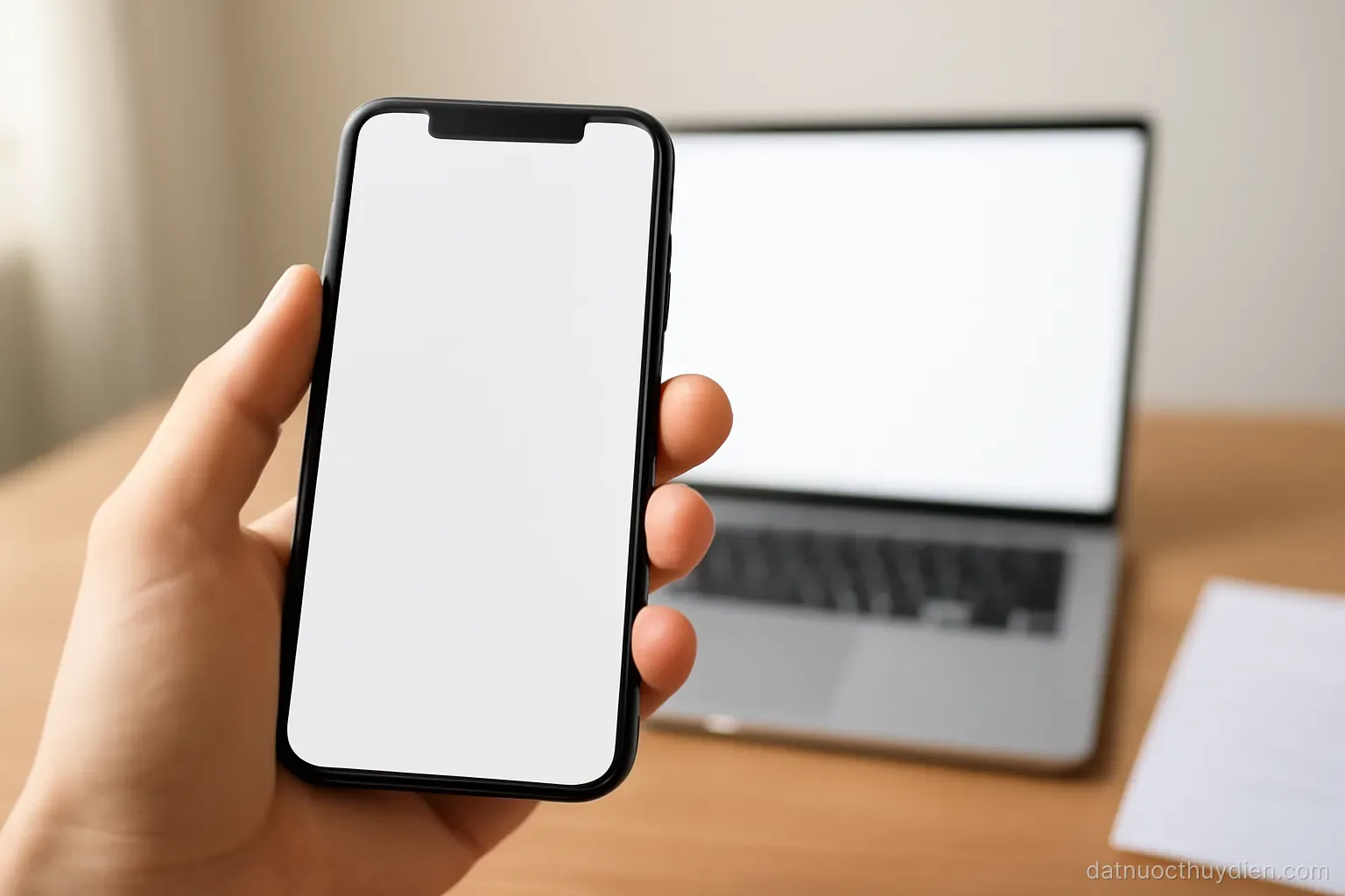 A smartphone held in one hand showing a blank interface with a laptop blurred behind, no readable text