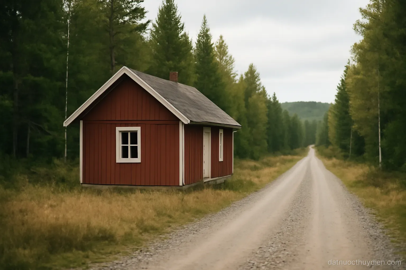 A single red wooden house beside a gravel road with forest stretching to the horizon, no readable text