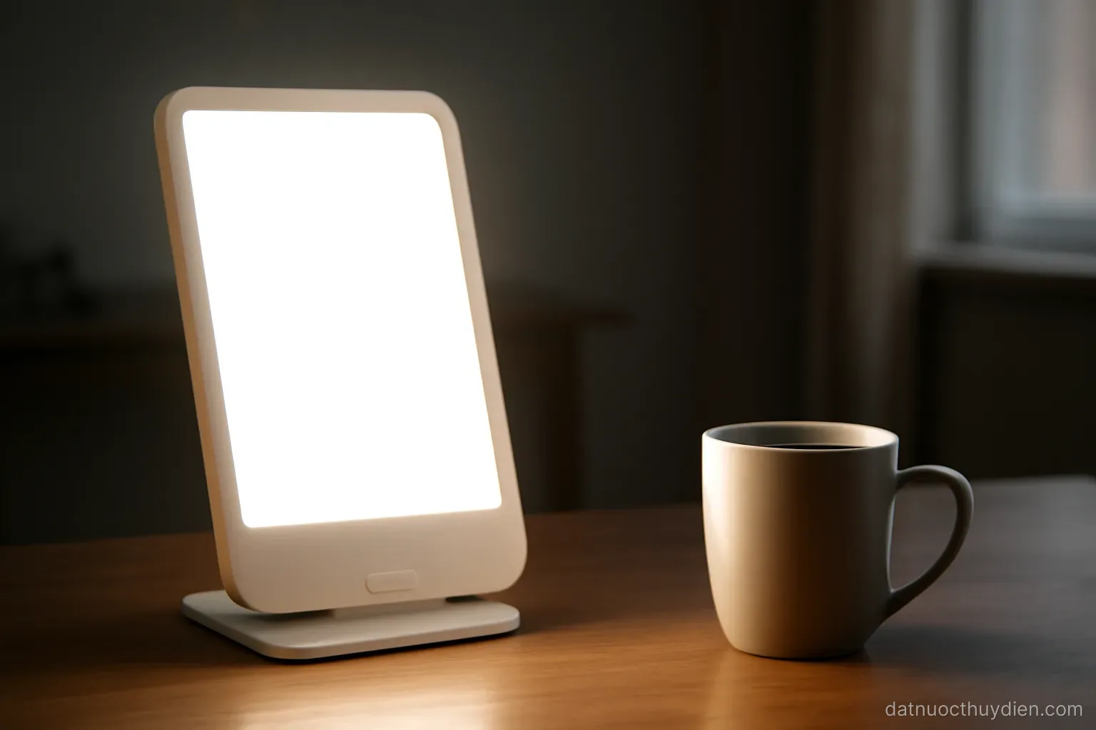 A bright therapy lamp on a desk beside a coffee cup in a dim room, no readable text