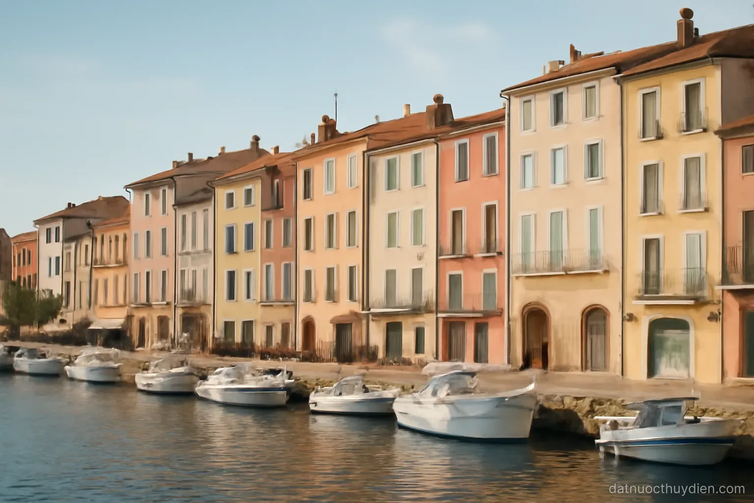 A waterfront city of pastel buildings across a channel with boats moored along the quay, no readable text