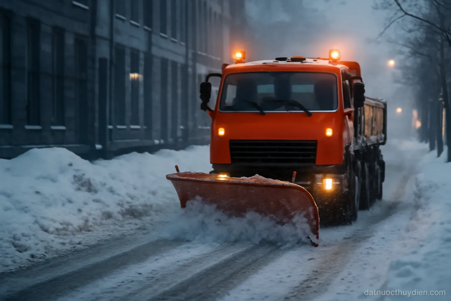 A snow plough clearing a city street early in the morning with piled snow at the kerb, no readable text