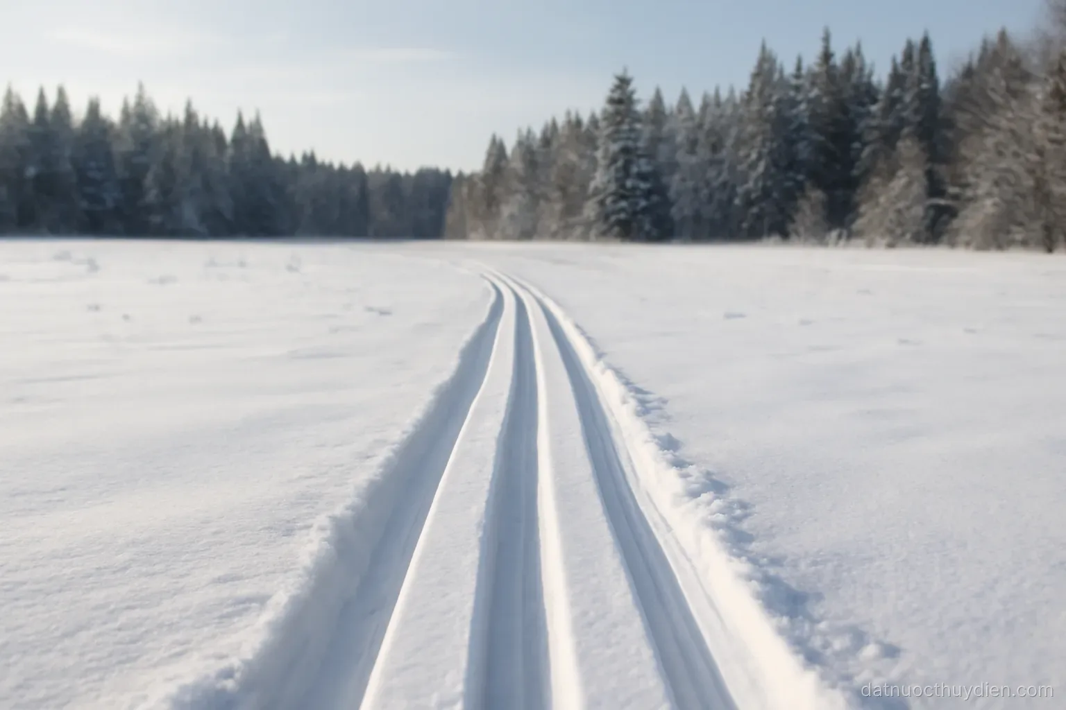 Cross-country ski tracks cut through snow across an open field toward forest, no readable text