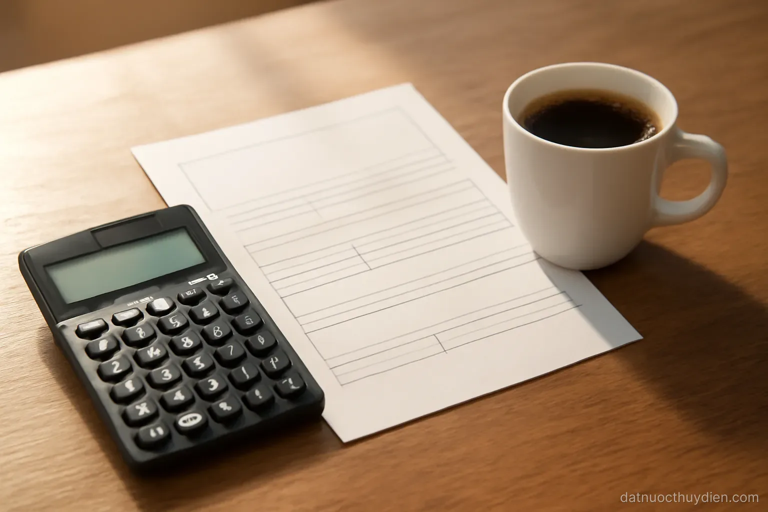 A calculator and a printed form on a desk beside a cup of coffee, no readable text