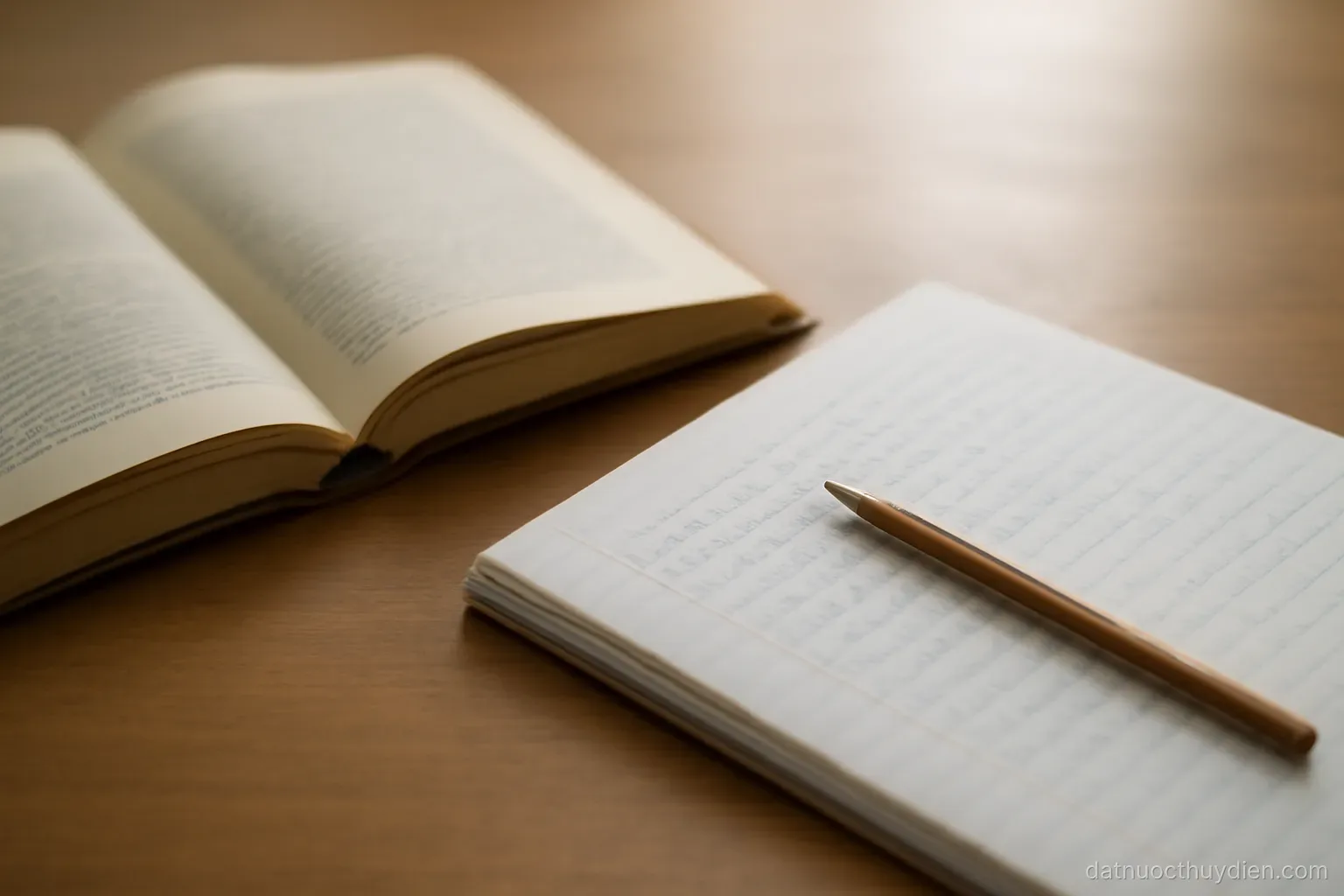 An open language textbook with handwritten notes beside a pencil on a desk, no readable text