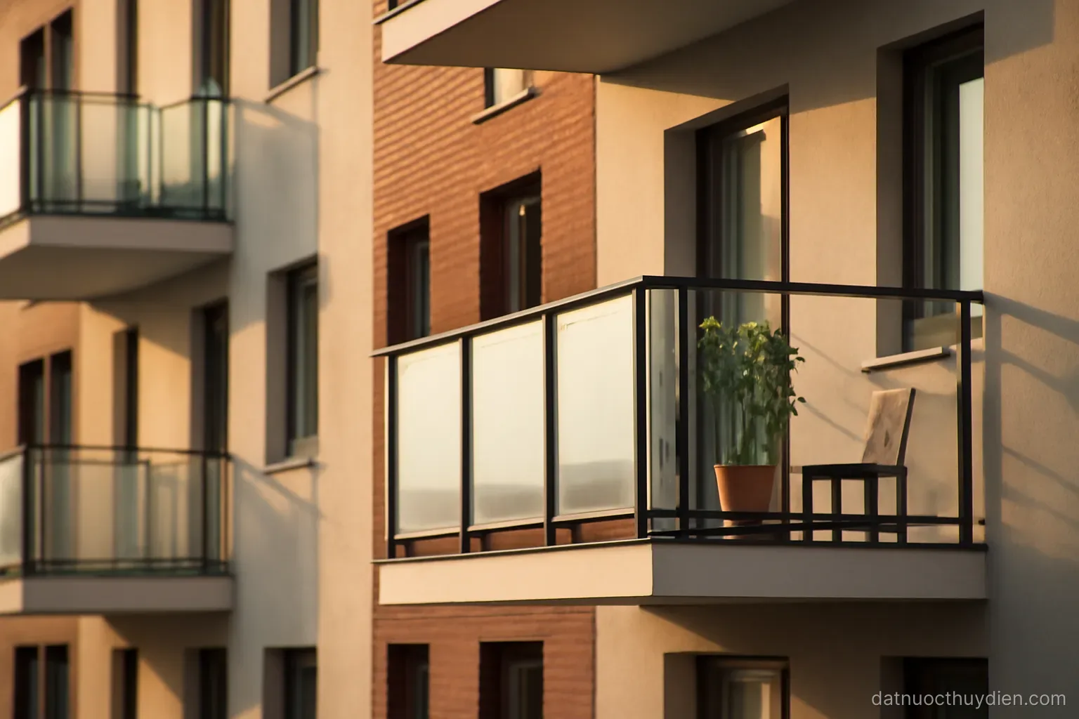 A row of apartment balconies on a modern residential block, late afternoon light, no readable text