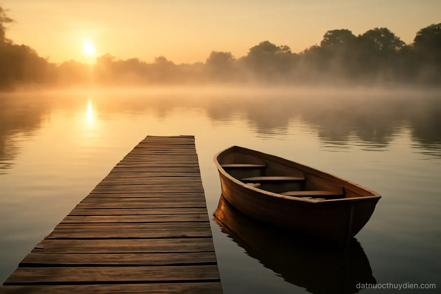 A calm lake at sunrise with a wooden jetty and rowing boat, mist over the water, no readable text