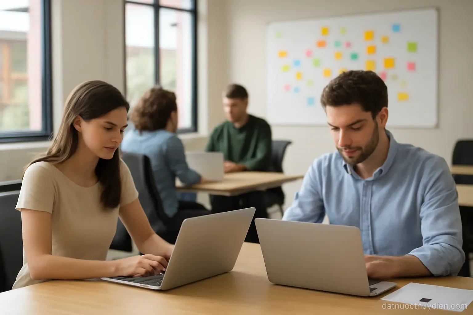 An open-plan office with young people at laptops and a whiteboard covered in sticky notes, no readable text